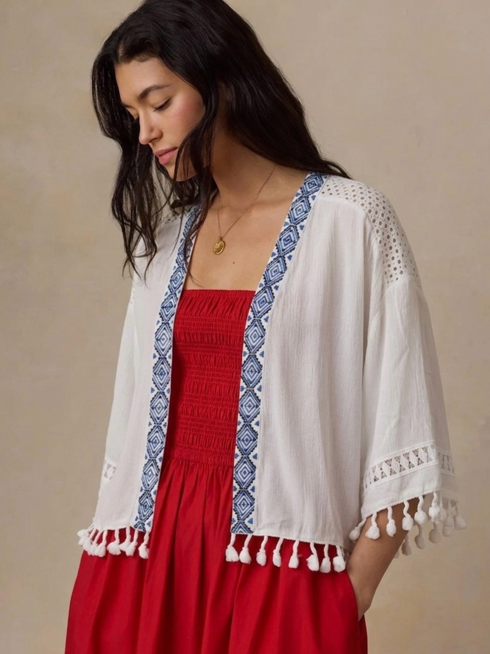 MISS ME White/Blue Embroidered
Tassel Cardigan Kimono Size Medium Coastal Boho